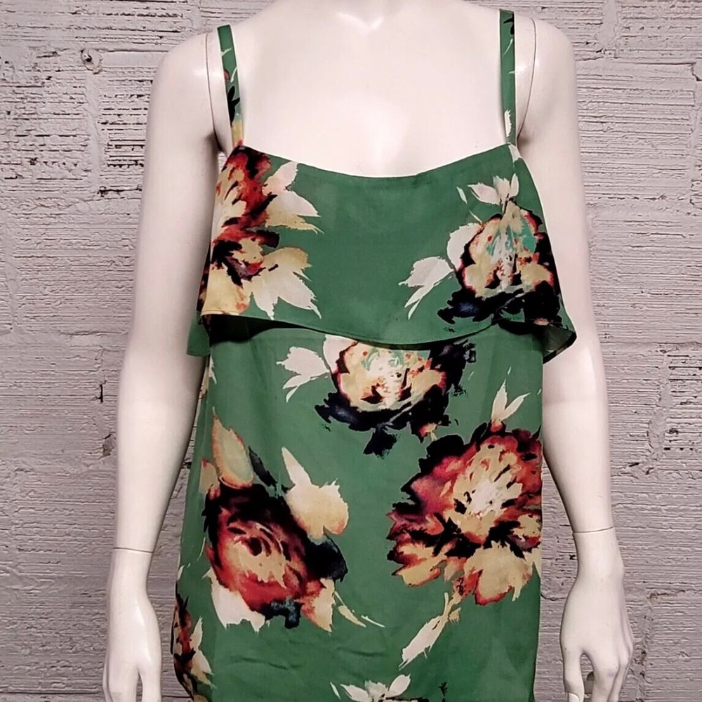 CAbi Women's Size L Floral Green Ruffled Tank Top with Adjustable Straps.